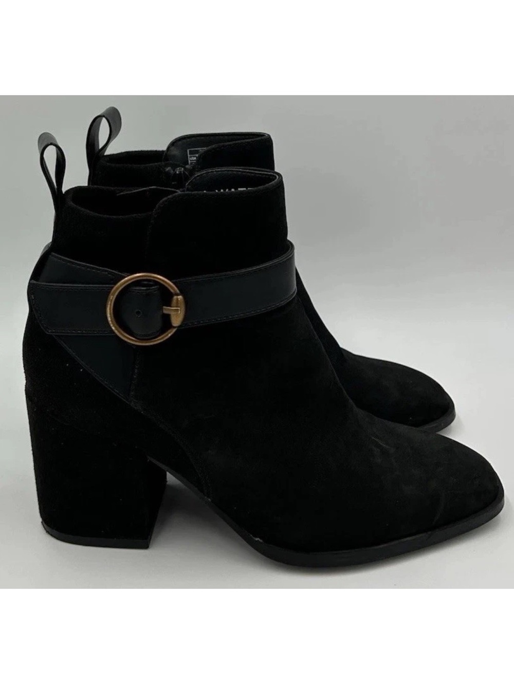 Vionic Tenley Black Suede Square Toe Buckle Block Heel Ankle Boot Womens Size 5